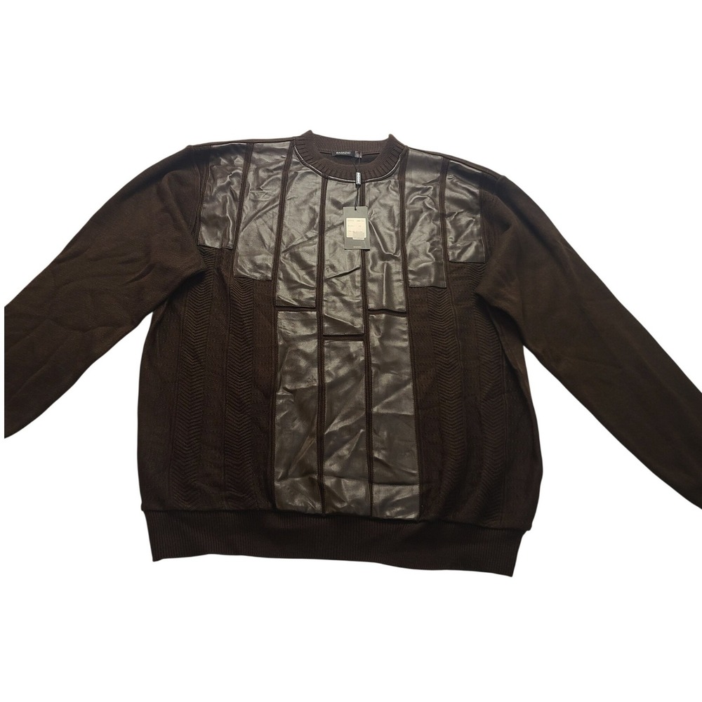 Bagazio Men's Brown Faux Leather Trim Knit Sweater Hem 2XL‎ Crew Neck New NWT